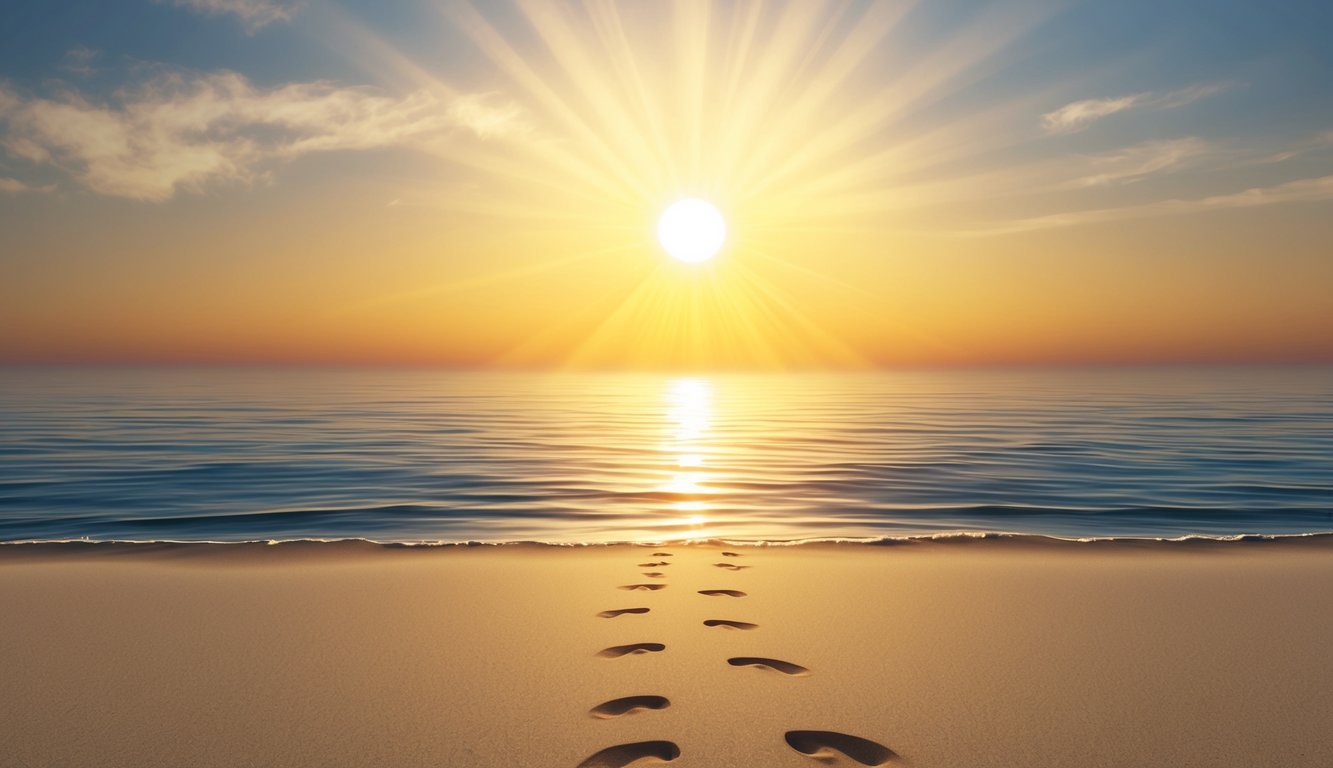 A radiant sunrise over a calm ocean, casting golden light onto a peaceful beach with footprints leading toward the water