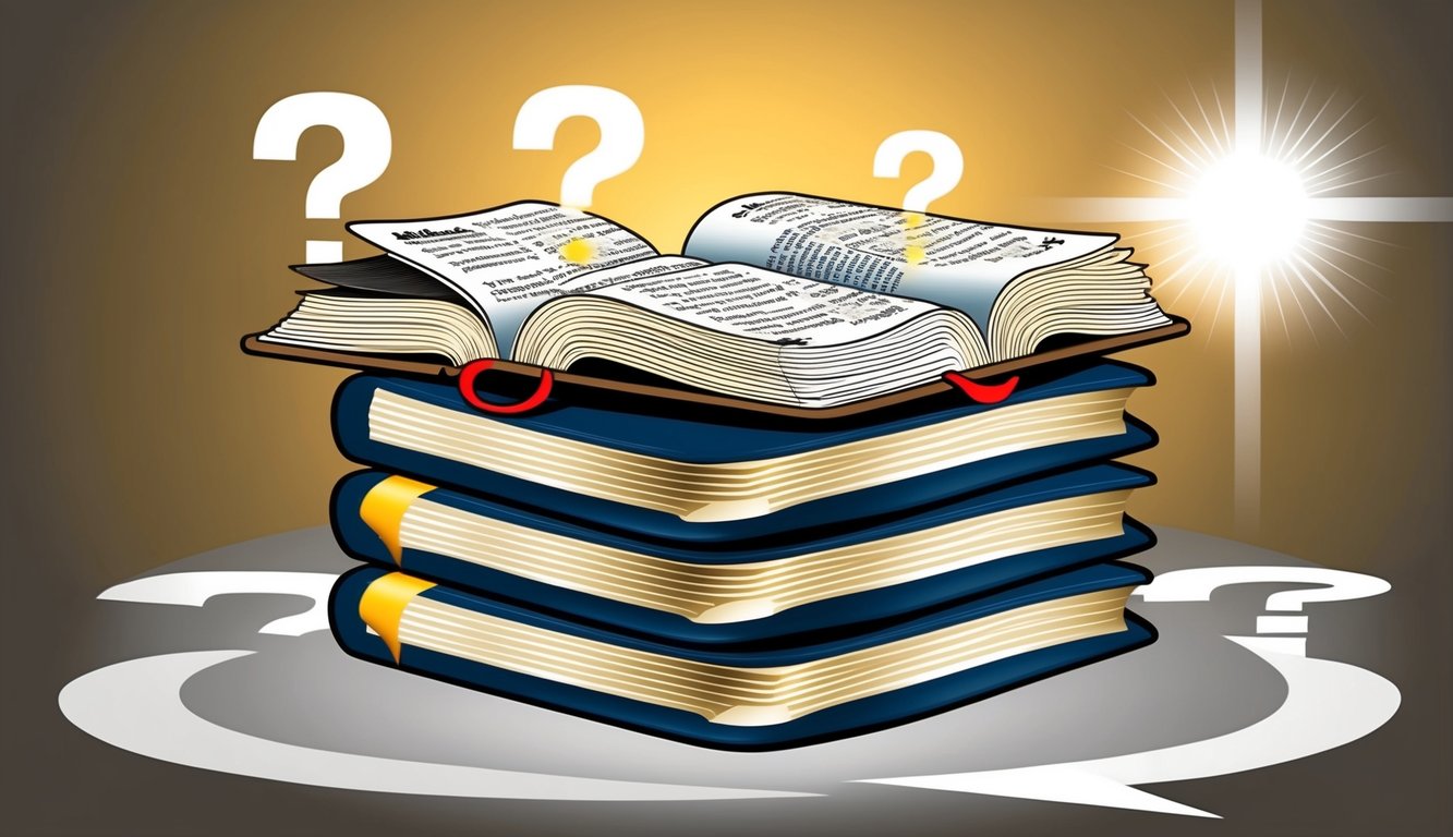 A stack of open Bibles with highlighted verses, surrounded by question marks and a shining light symbolizing confidence