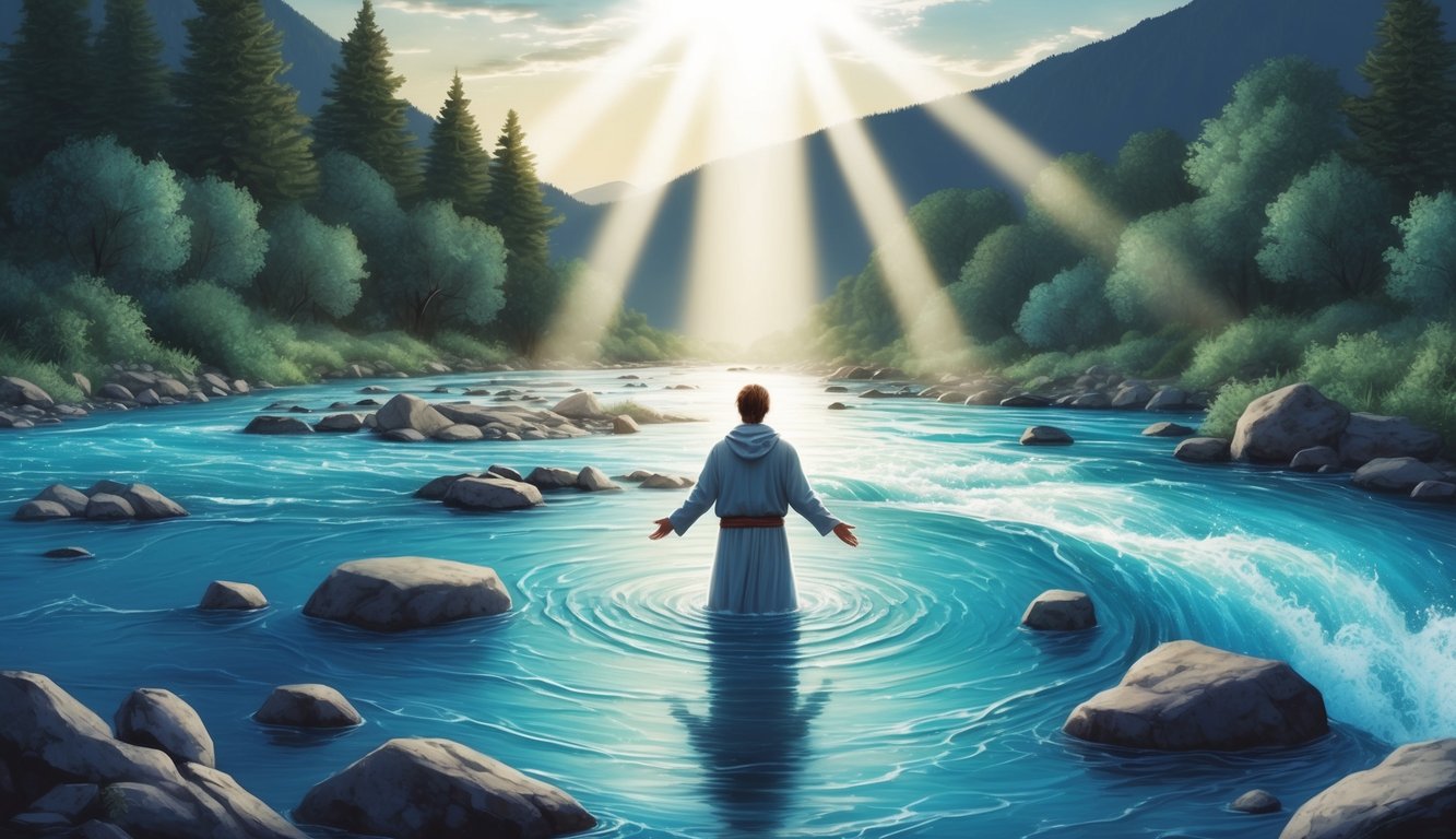 A figure standing in a flowing river, with light shining down from above, and a sense of reverence and spiritual significance in the air