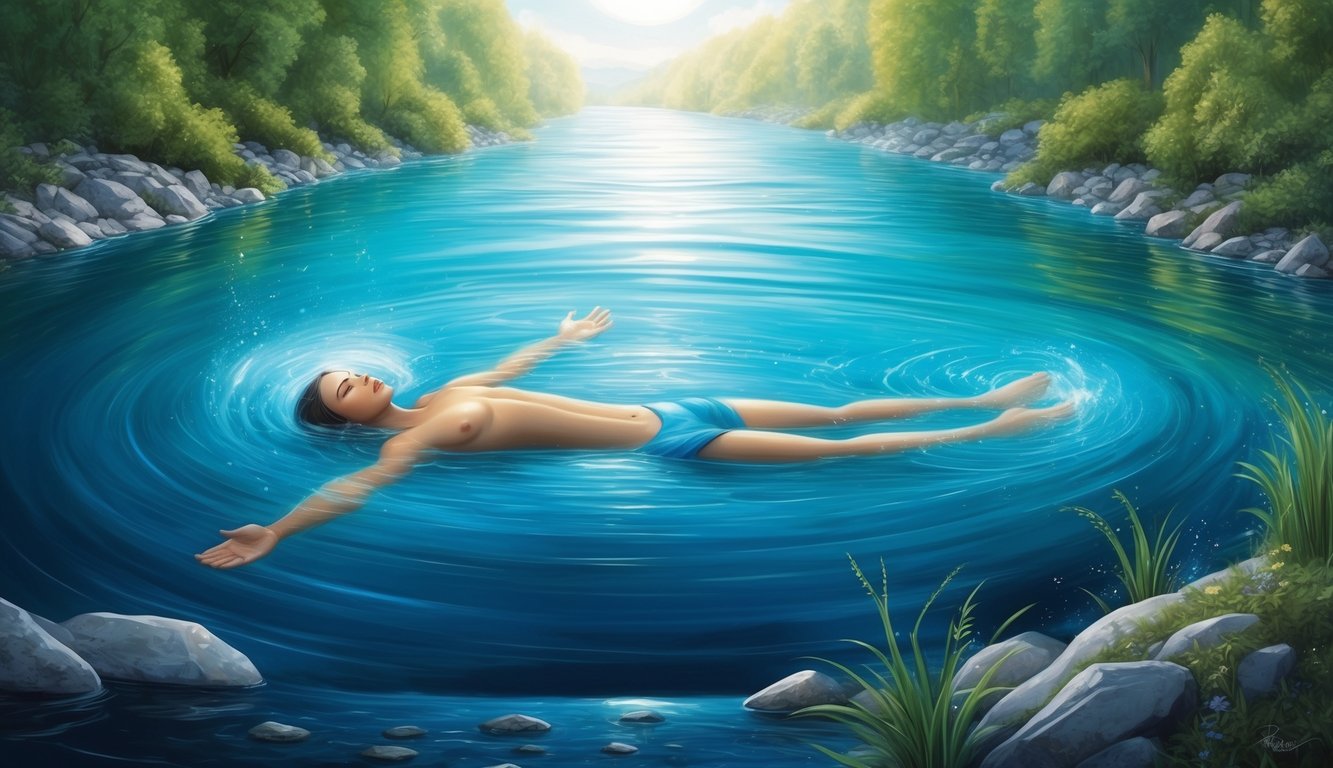 A serene river flowing with a figure submerged in water, surrounded by light and peace