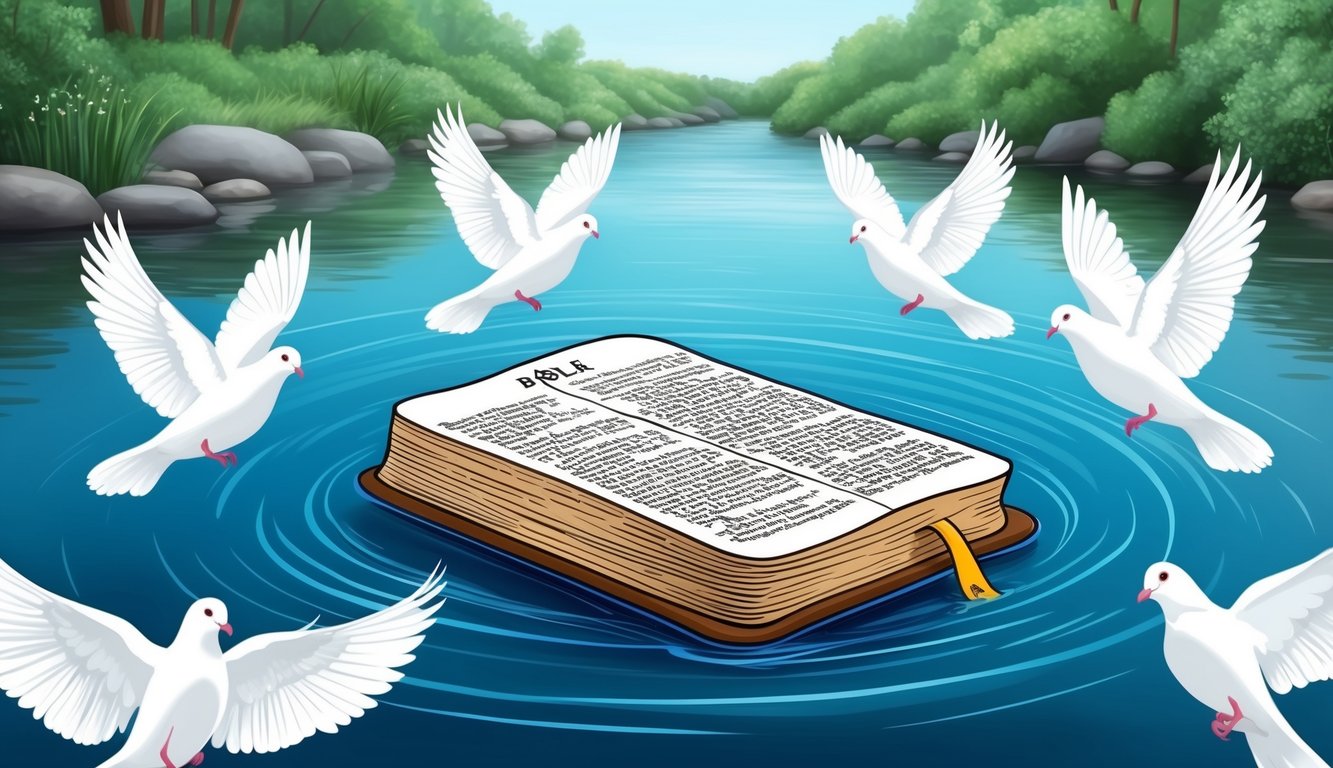 A serene river with a Bible floating on the water, surrounded by delicate white doves