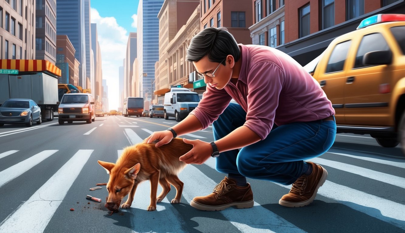 A person helps an injured animal on a busy city street