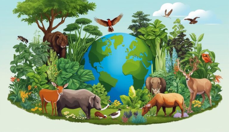 Earth surrounded by diverse animals and lush green vegetation