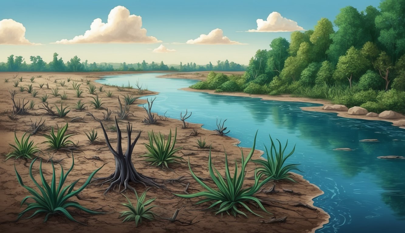 A barren land with wilted plants and polluted water, contrasting with a lush, thriving ecosystem nearby