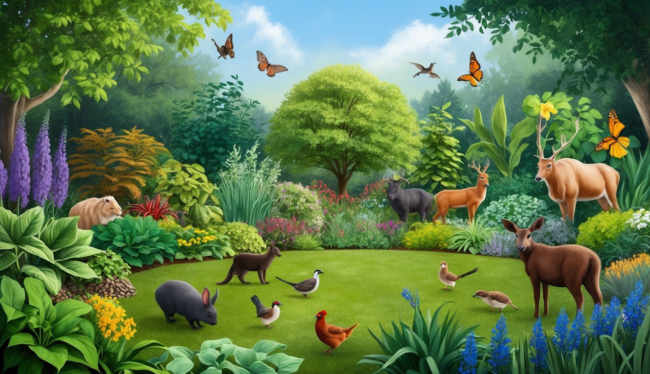 A lush garden with diverse plants and animals coexisting in harmony, symbolizing stewardship and care for creation