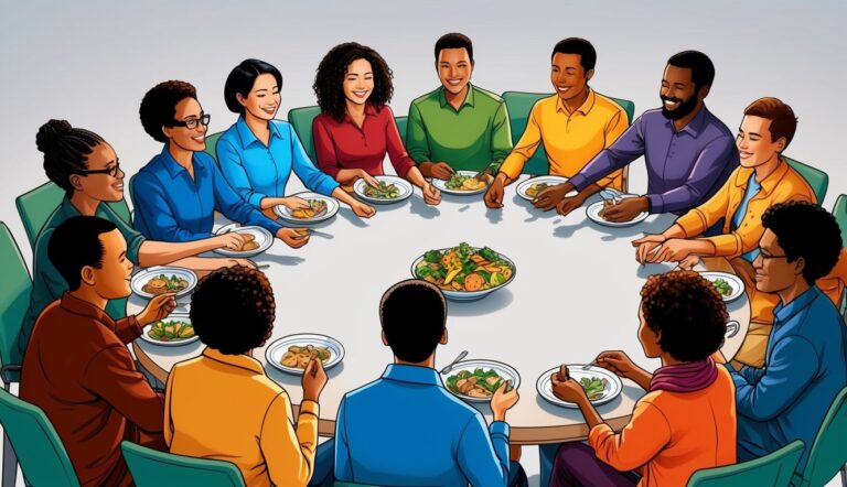 Diverse group of people eating at a round table, sharing a meal