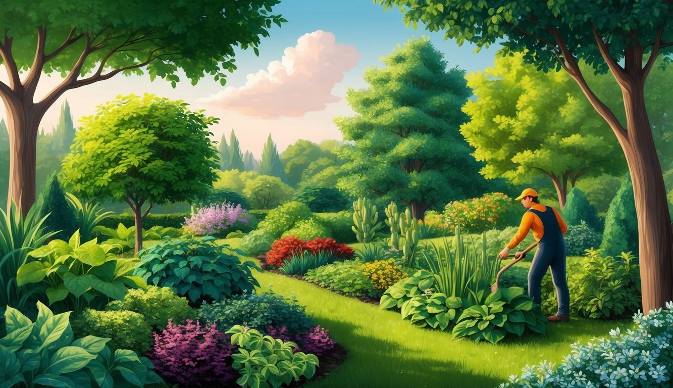 A lush garden with various plants and trees, with a figure tending to the land and caring for the environment