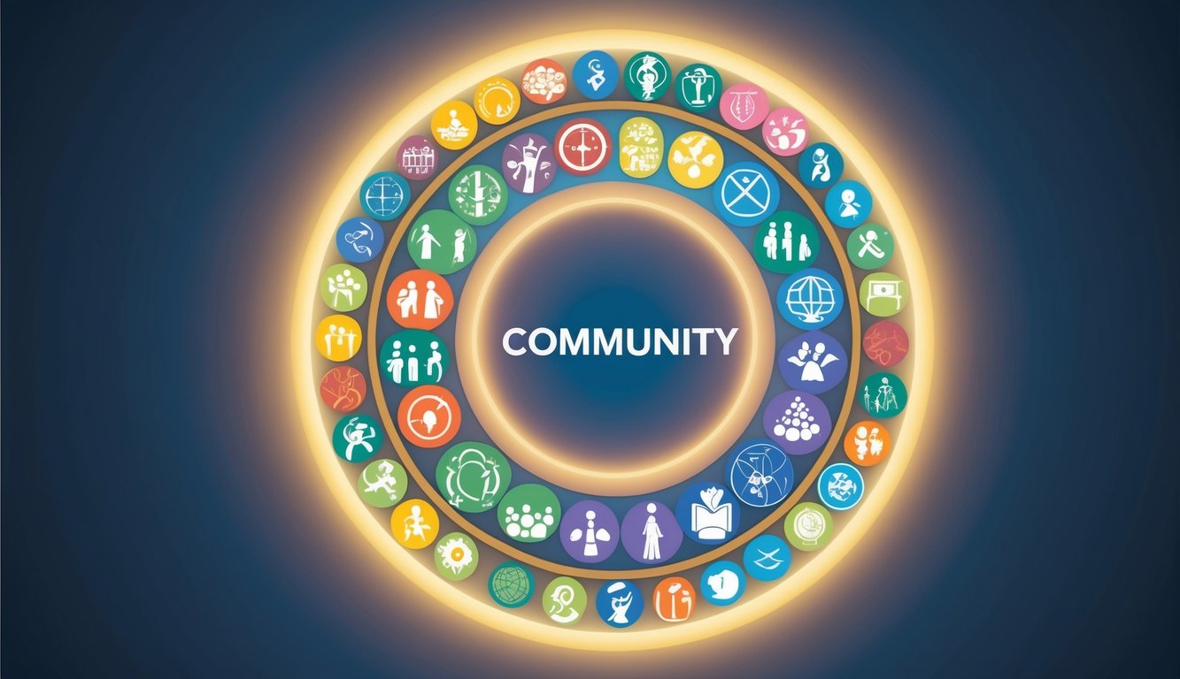 A circle of diverse symbols and icons representing different aspects of community, surrounded by a glowing light