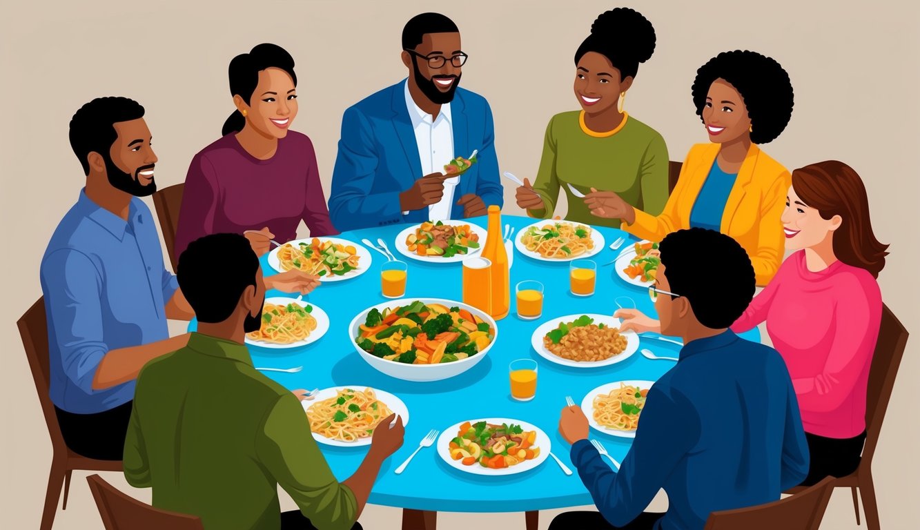 A diverse group gathered around a table, sharing food and conversation.</p><p>A sense of unity and support is evident in their body language and expressions