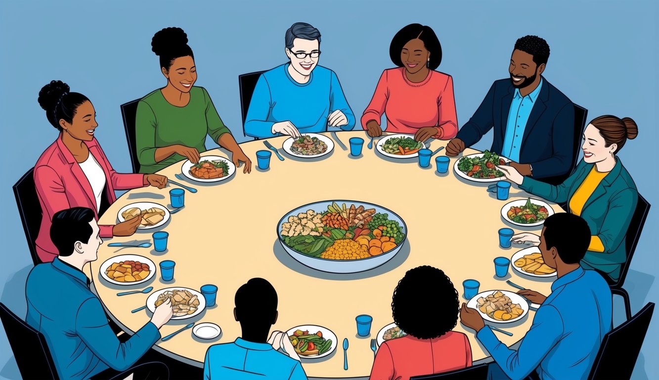 A group of diverse individuals gather in a circle, sharing food and conversation.</p><p>They engage in acts of kindness and support for one another