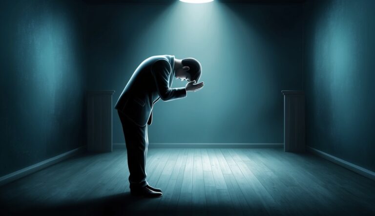 Man in suit bowing in a spotlight in a dark room