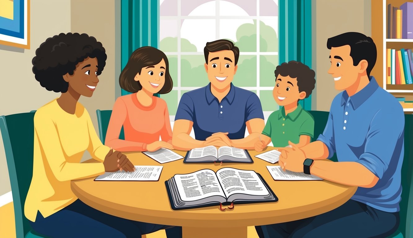 A family sitting around a table, listening respectfully to each other.</p><p>An open Bible is in the center, symbolizing the importance of biblical teachings on respect