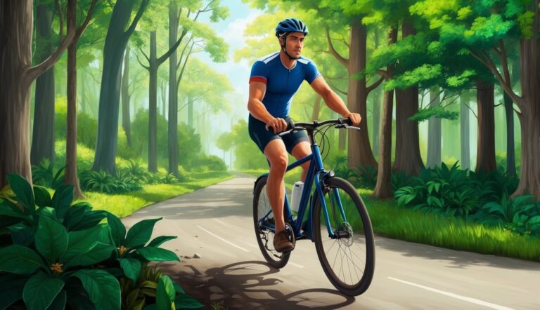 Man in blue cycling on a road through a lush green forest