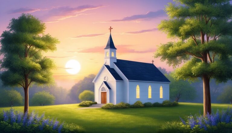 White church with cross on top, sunset, trees, and flowers