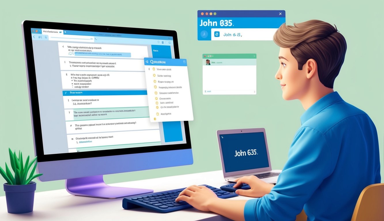 A computer screen with a list of questions and answers, a person typing on a keyboard, and a chat window with the name "john 635."