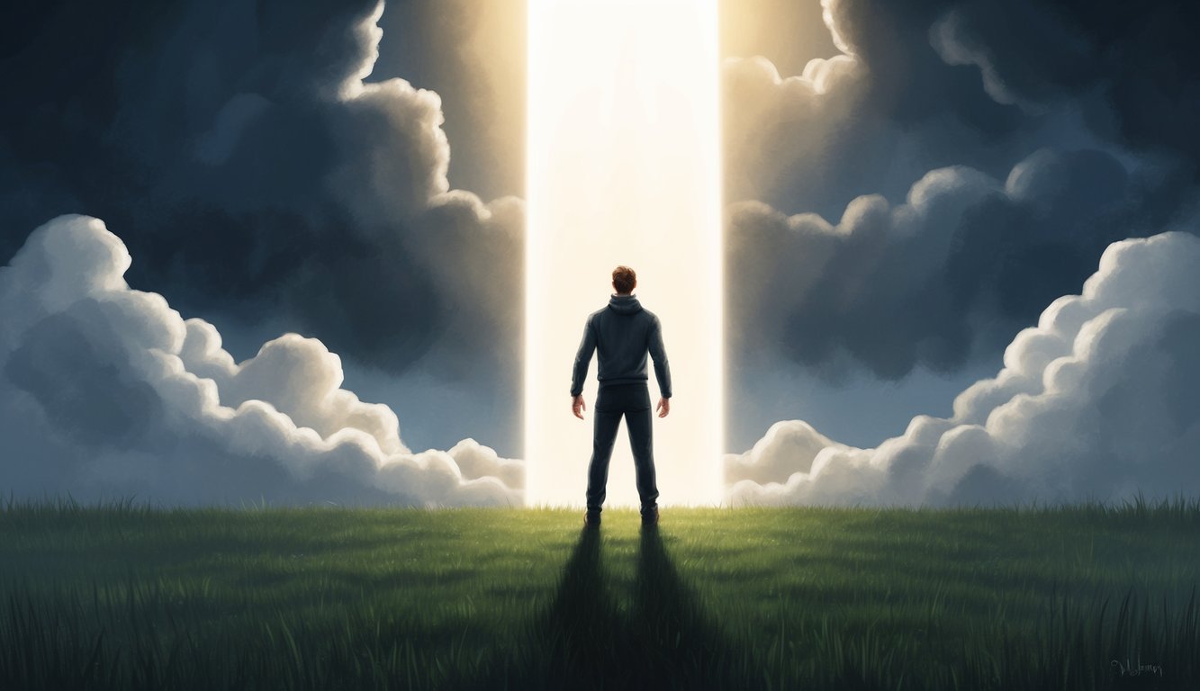 A solitary figure standing in a beam of light, surrounded by dark clouds, with a sense of determination and resilience emanating from their posture