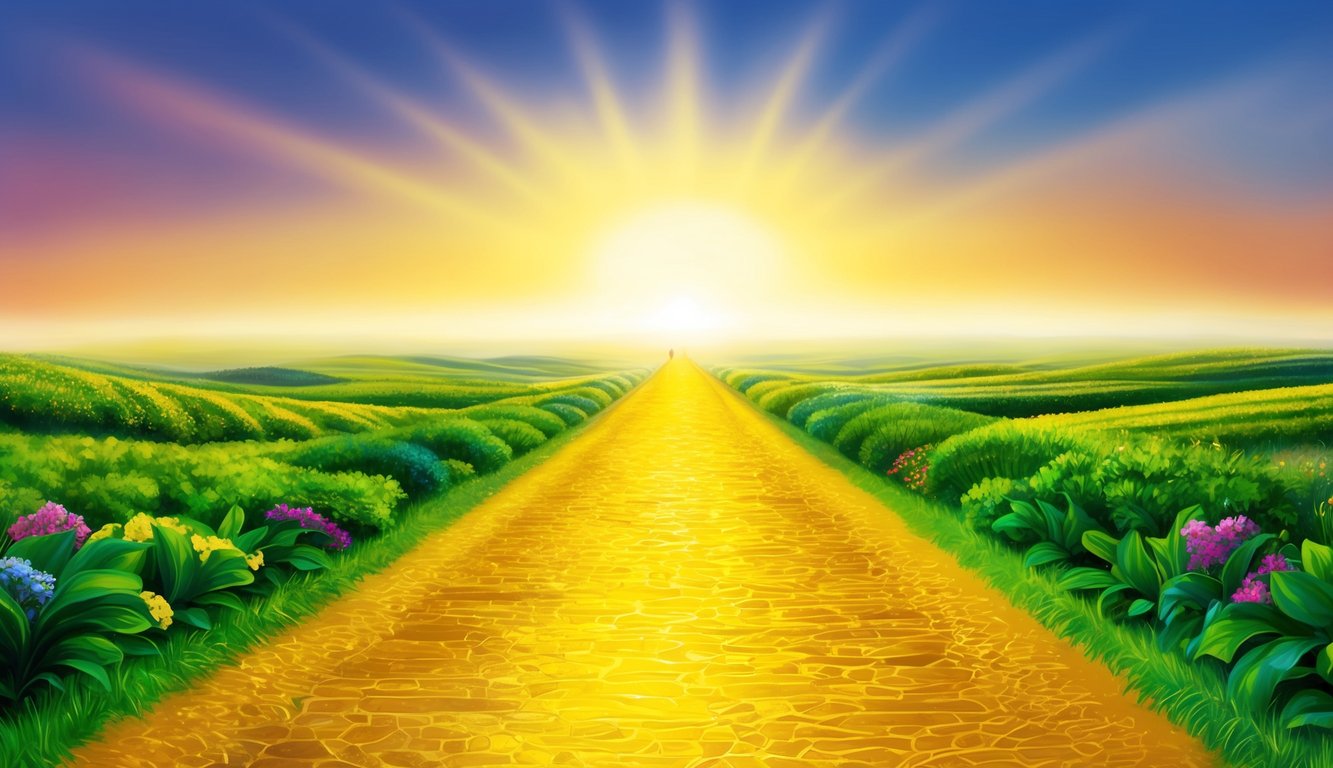 A radiant, golden path leads through lush, vibrant fields towards a glowing horizon, evoking a sense of hope and joy in the afterlife