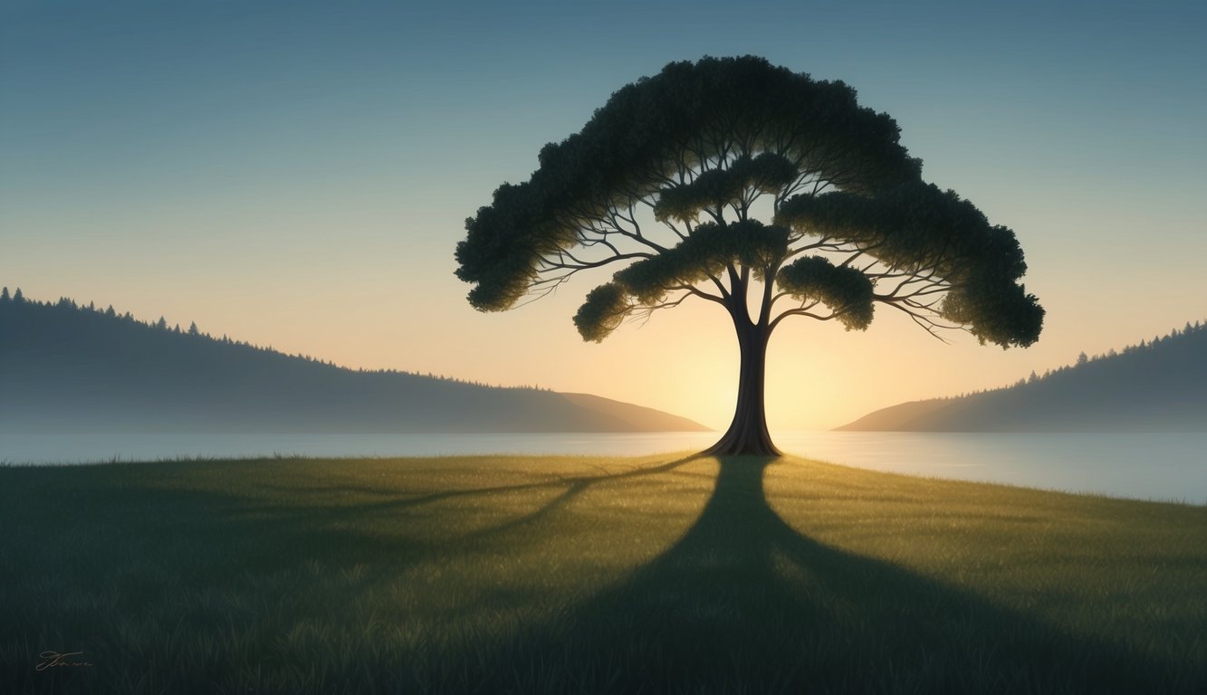 A serene landscape with a solitary tree, casting a long shadow as the sun sets, surrounded by peaceful stillness