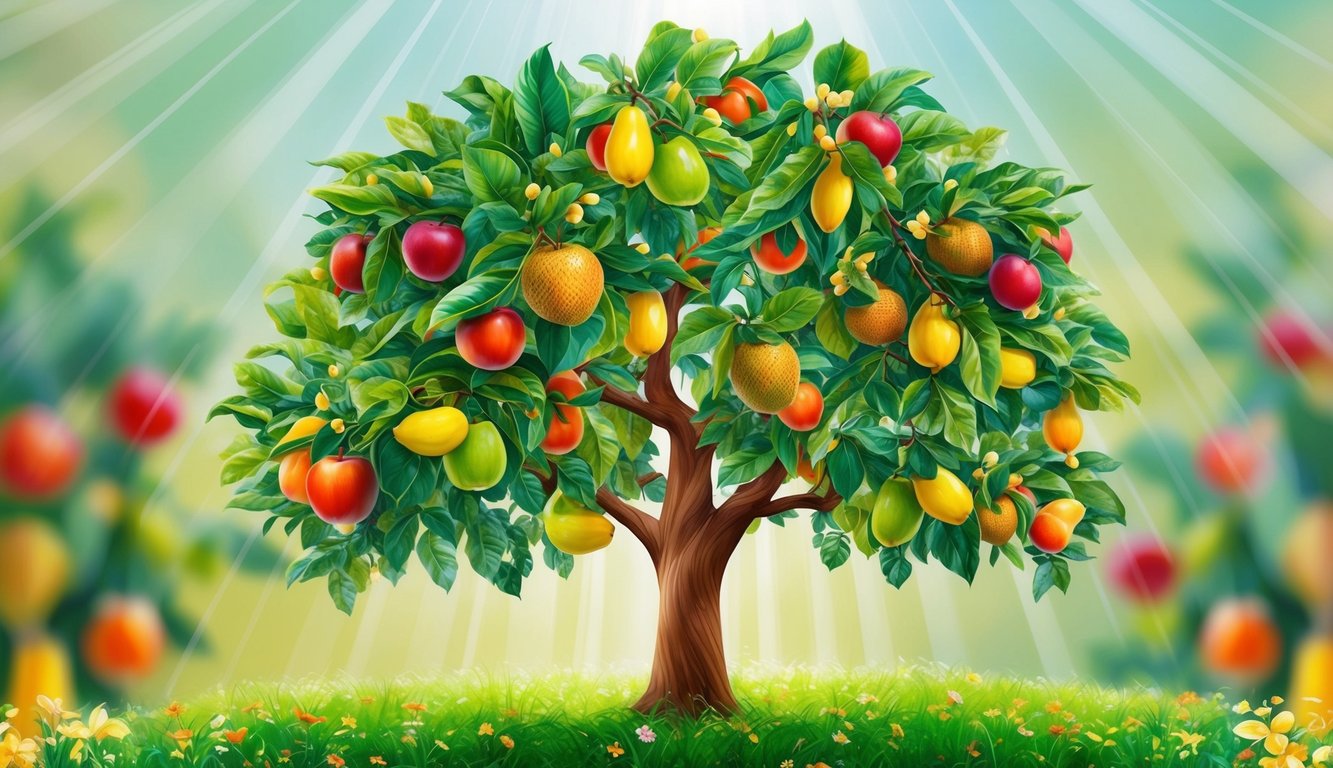 A vibrant tree bearing various fruits, surrounded by rays of light and a peaceful atmosphere