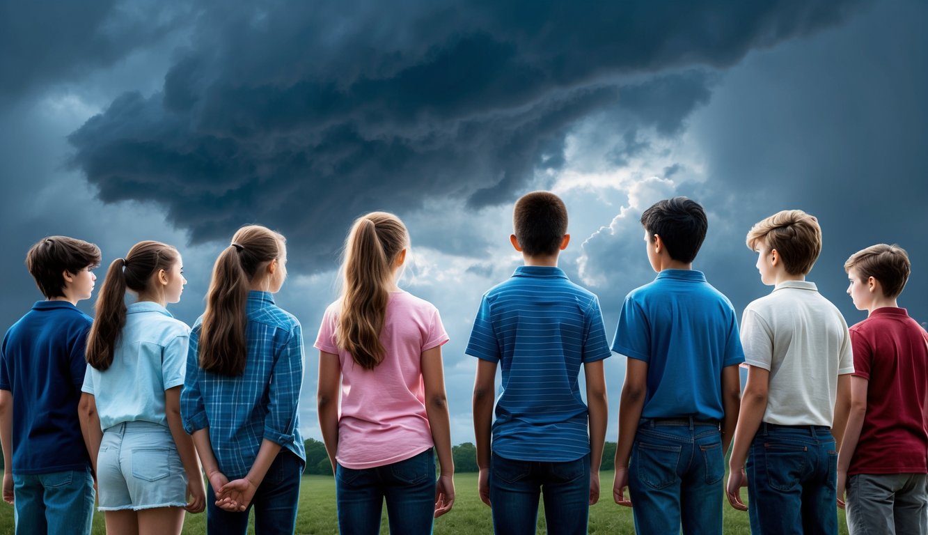 A group of teenagers standing together, facing a stormy sky with determination and calmness