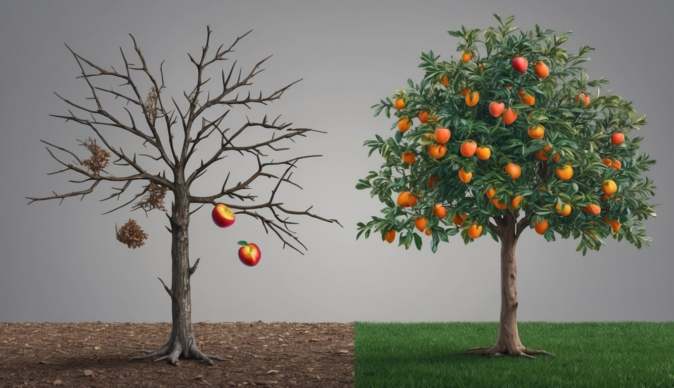 A barren tree with thorns and decayed fruit next to a flourishing tree with vibrant, healthy fruit