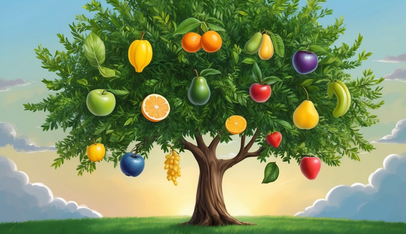 A tree with various fruits representing the fruit of the spirit, such as love, joy, peace, patience, kindness, goodness, faithfulness, gentleness, and self-control