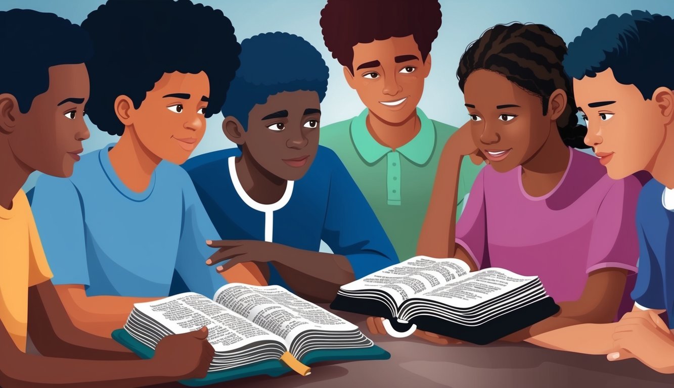 A group of diverse teens reading a Bible together, with open pages and thoughtful expressions