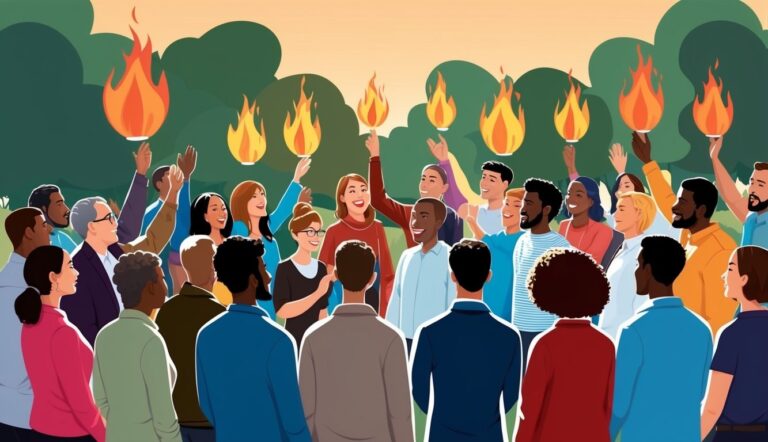 Diverse group of people holding up glowing flames in a park