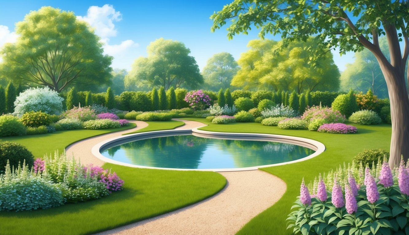 A serene garden with blooming flowers and a winding path leading to a peaceful pond, surrounded by lush greenery and a clear blue sky above