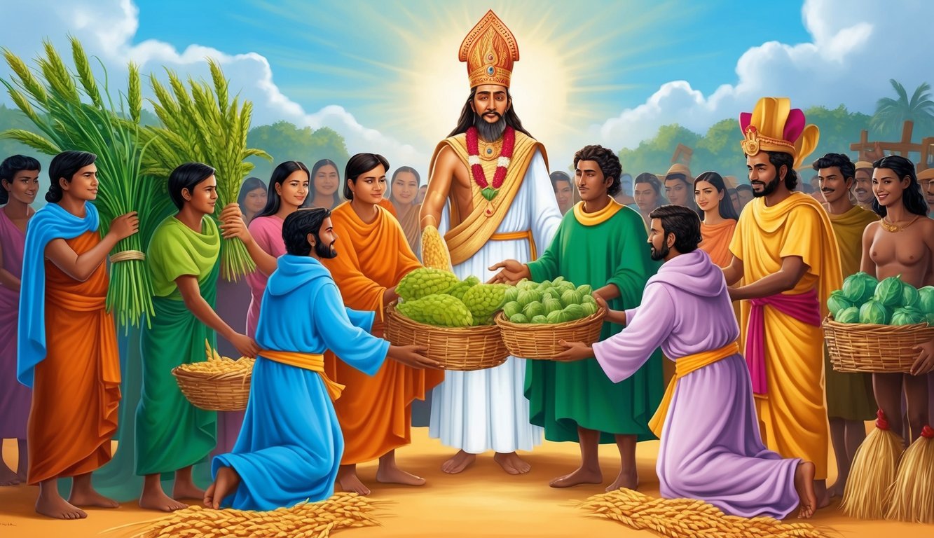 A group of people giving a portion of their crops and livestock to a central figure, while others receive and distribute the offerings to the community