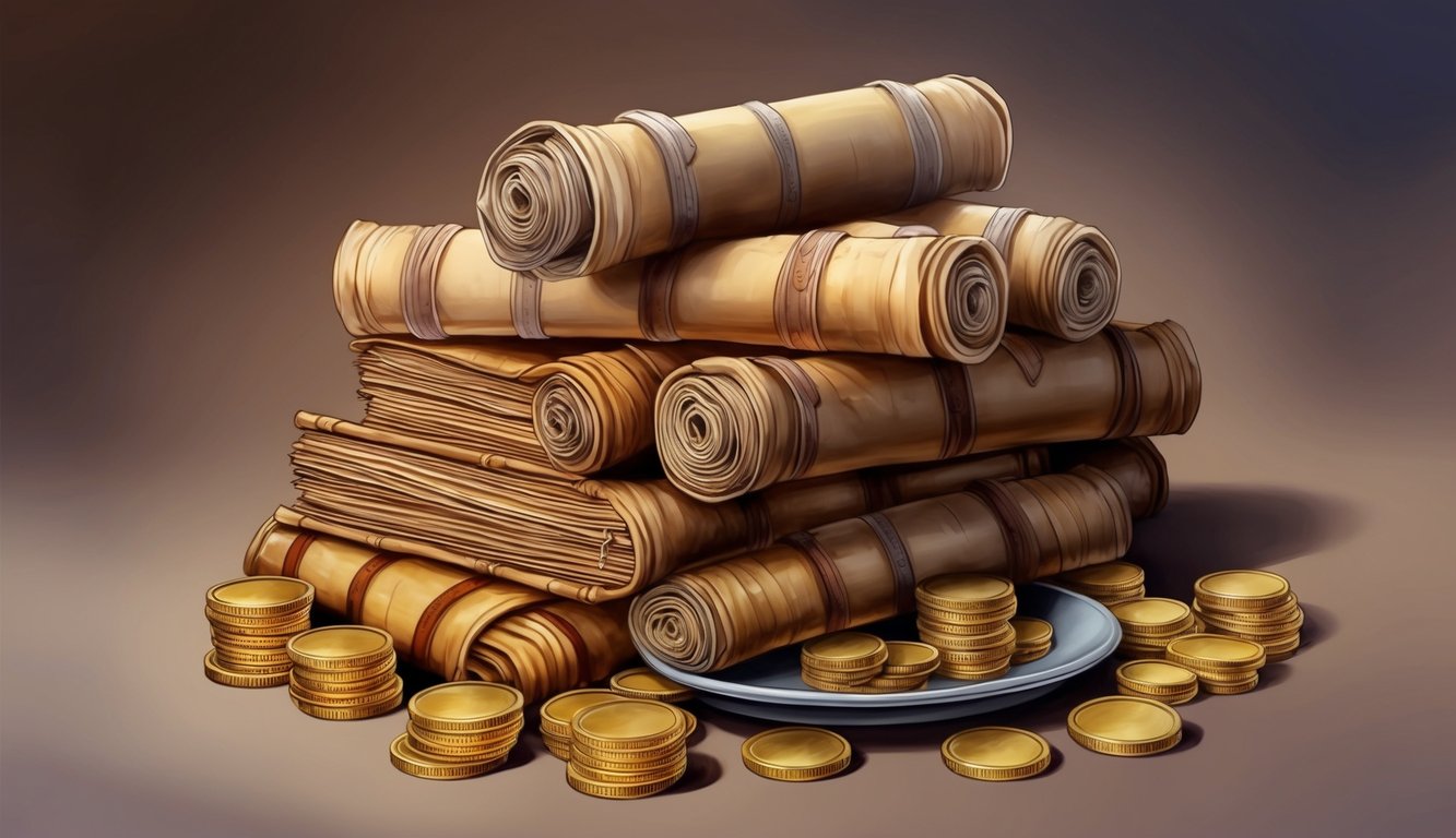 A stack of ancient scrolls surrounded by golden coins and a collection plate