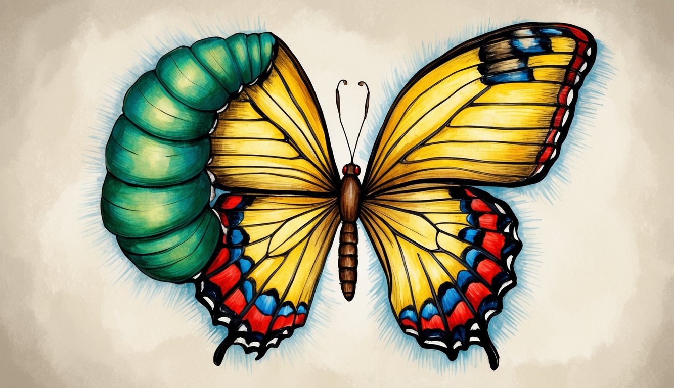 A person's mind transforming from conformity to renewal, like a caterpillar becoming a butterfly