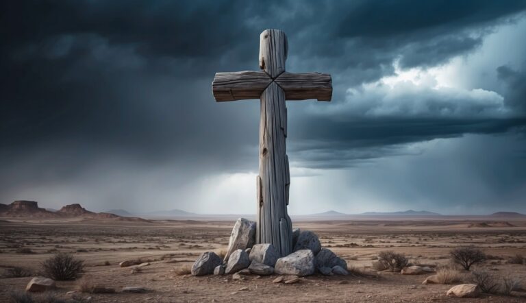 Wooden cross on a rocky base in a desert landscape under a stormy sky