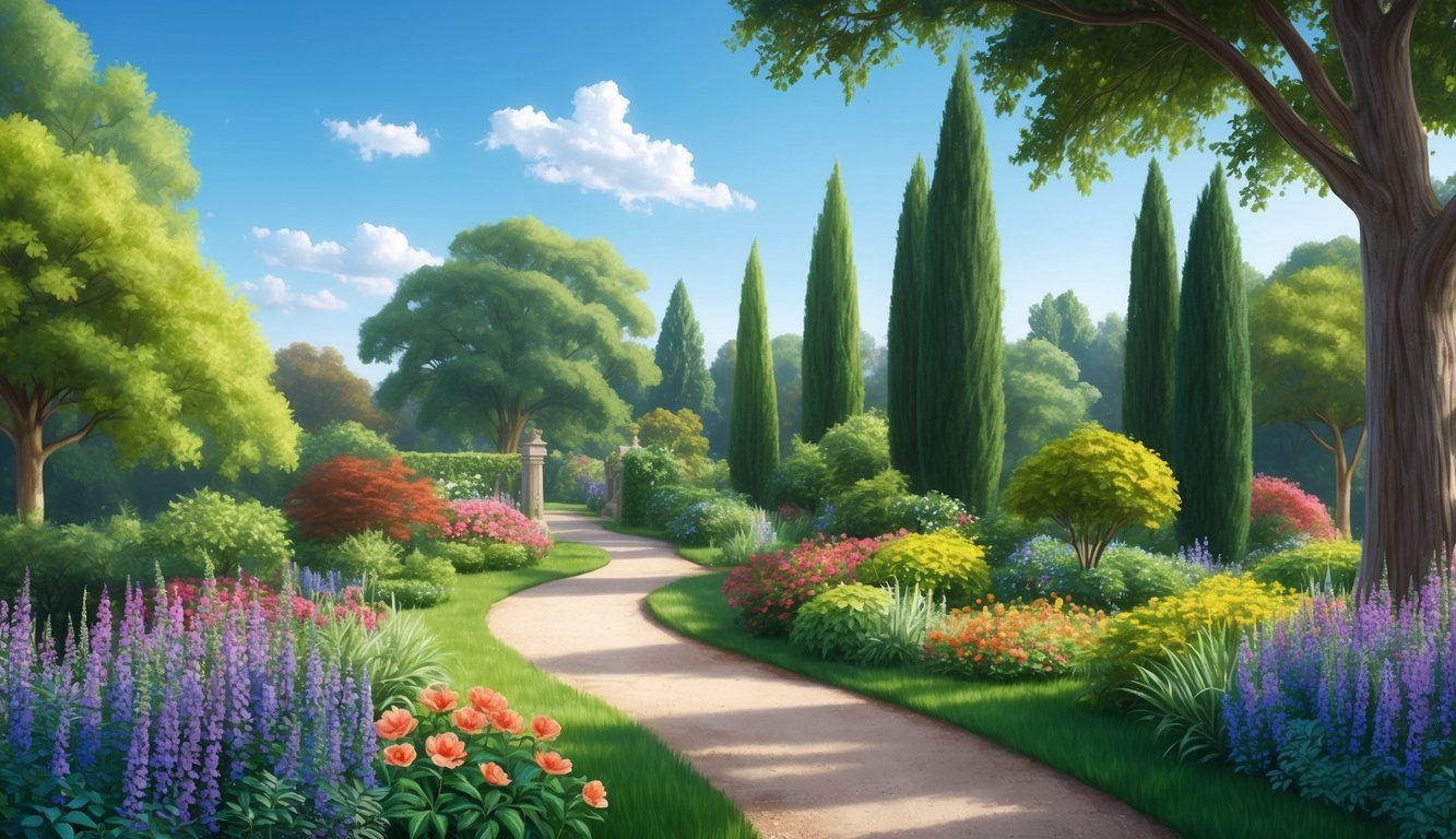 A serene garden with a path leading through vibrant flowers and lush greenery, surrounded by tall trees and a clear blue sky overhead