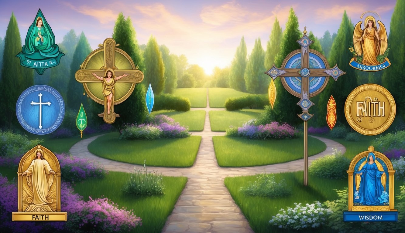 A serene garden with a path leading to a crossroads, surrounded by various symbols of faith and wisdom