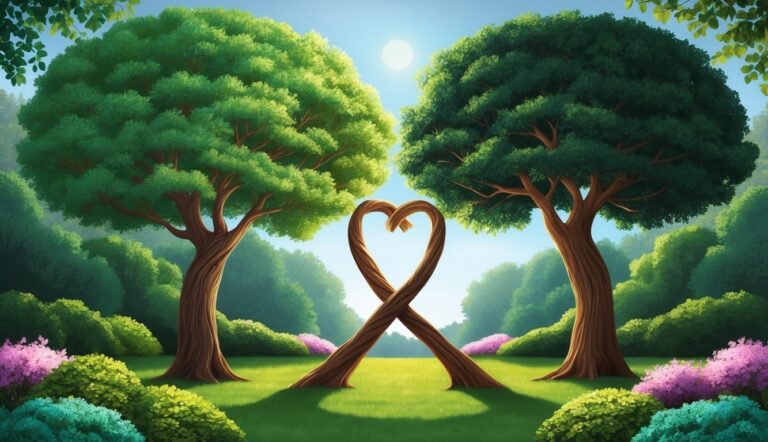 Two trees with a heart-shaped trunk in a sunny garden