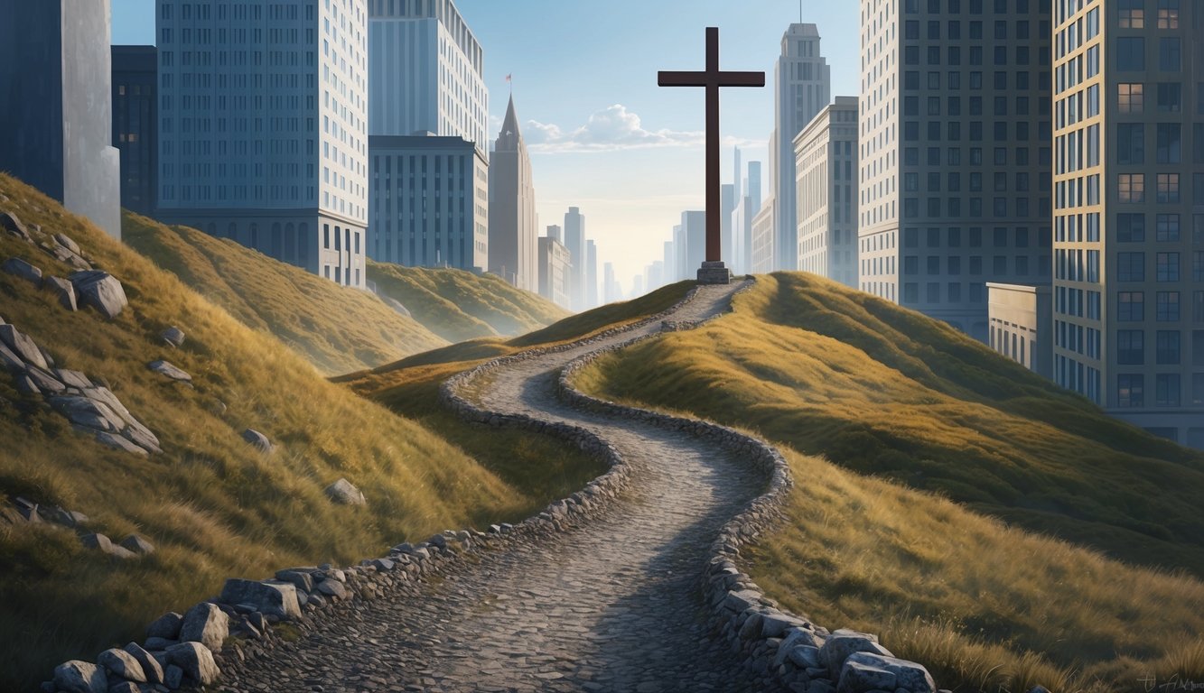 A rugged path winding through a bustling city, with tall buildings looming in the background and a solitary cross standing tall in the foreground