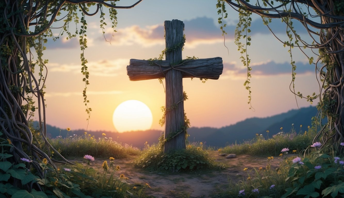 A rugged cross stands in a clearing, surrounded by a tangle of overgrown vines and wildflowers.</p><p>The sun sets behind it, casting a warm glow over the scene