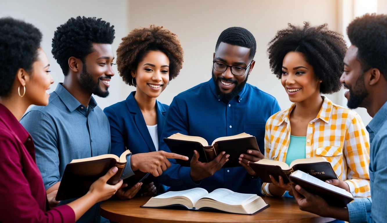 A group of diverse individuals engaging in conversation while holding open Bibles, with one person pointing to a specific passage