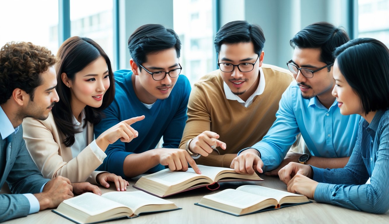 A group of people gathered around a book, pointing and discussing with curiosity and intensity