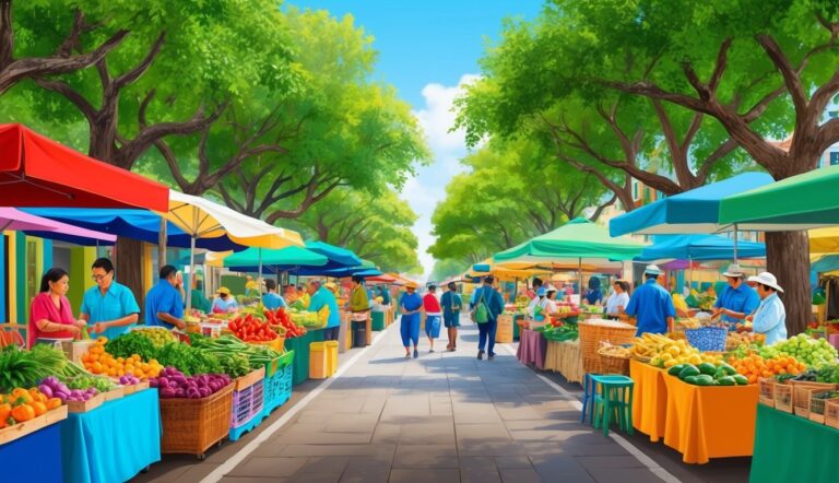 Outdoor market with colorful stalls, fresh produce, and people shopping