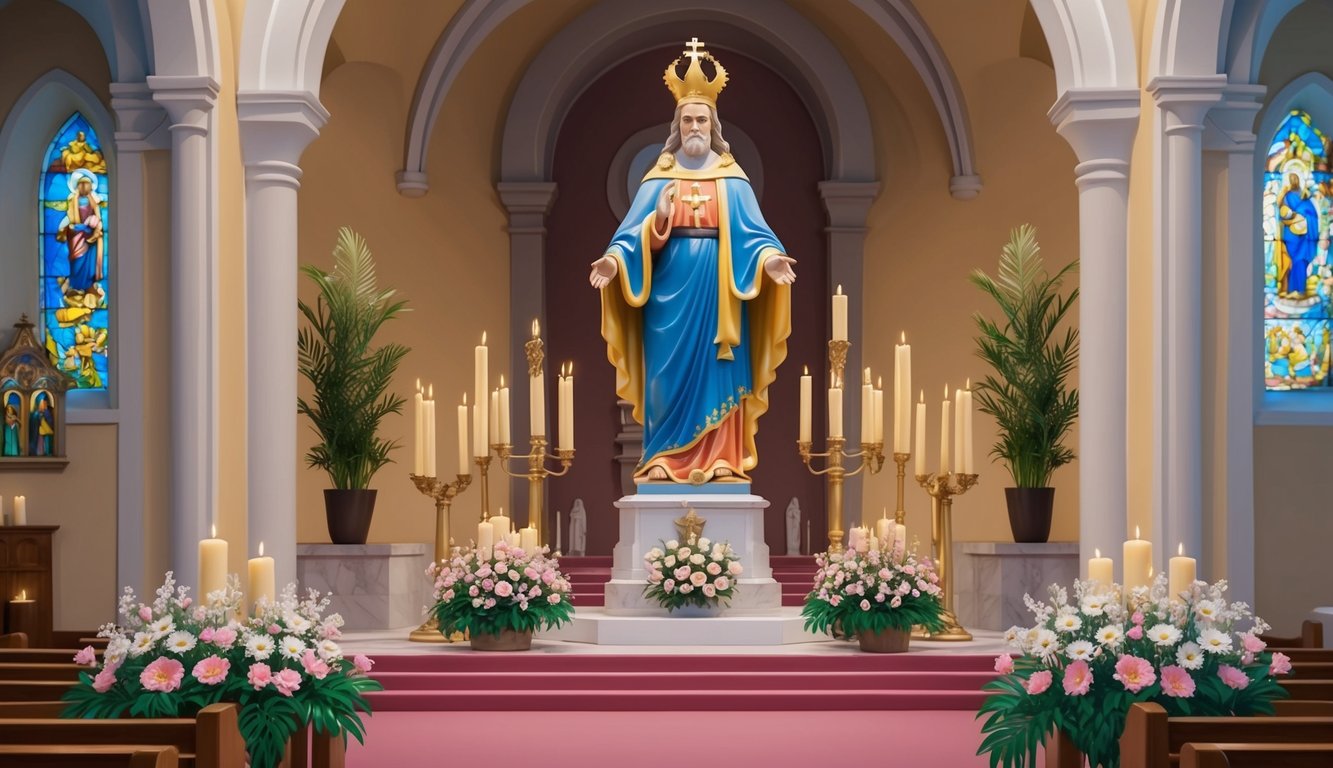 A serene church interior with a statue of Santo Antonio surrounded by candles and flowers, conveying a sense of cultural and religious significance