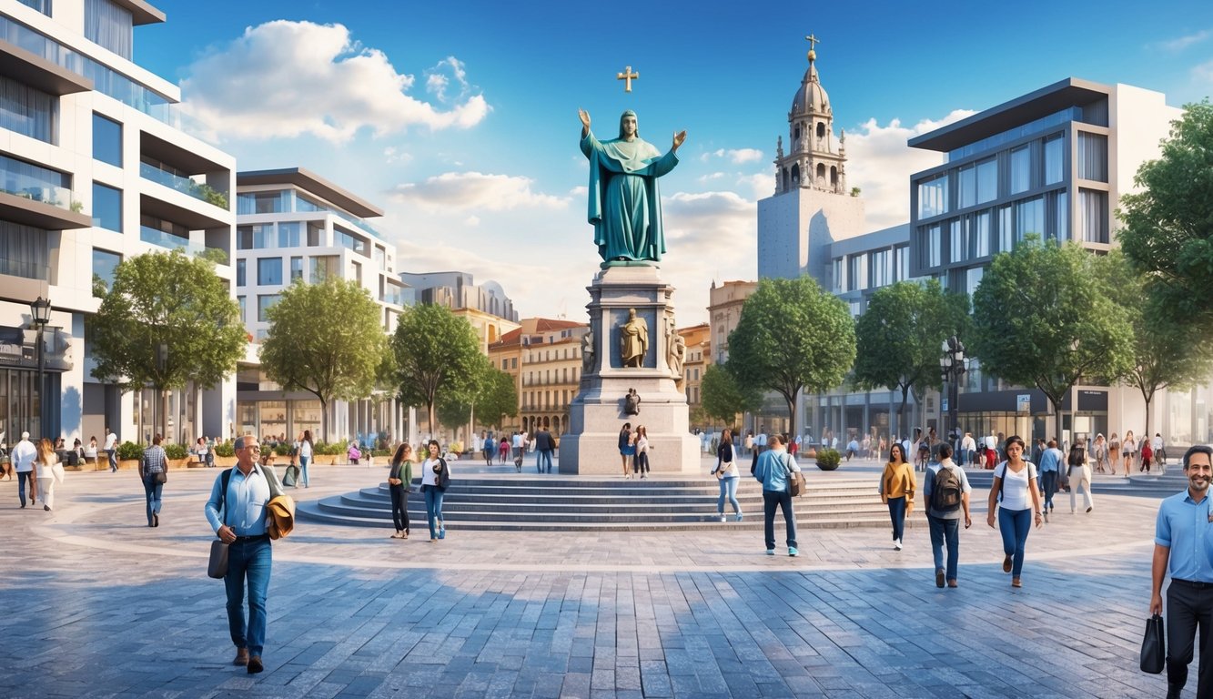 A bustling city square with modern buildings surrounding a statue of Santo António, with people going about their daily activities