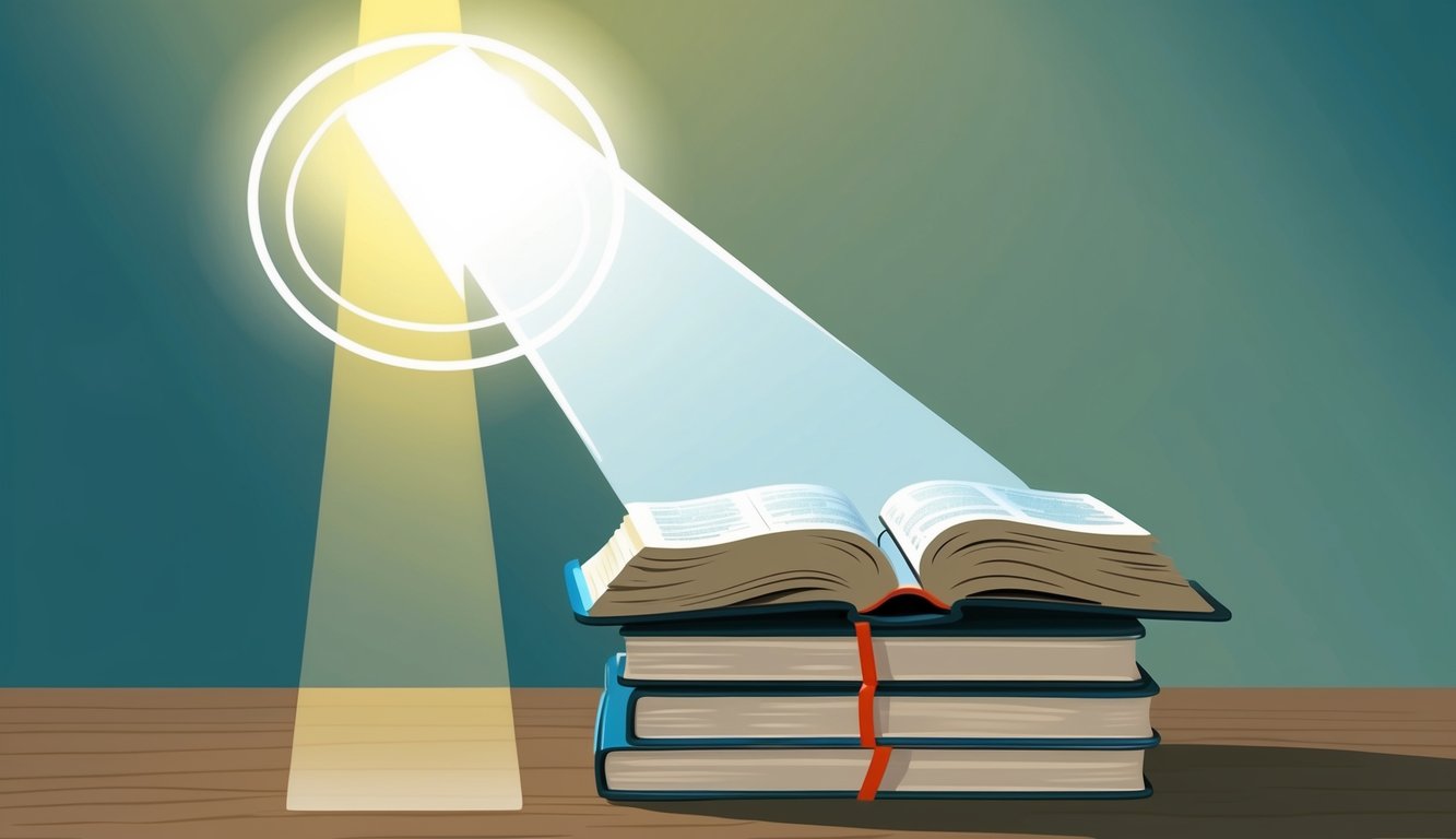 A beam of light shining on a stack of open Bibles, with a halo of light around them, symbolizing the search for answers about identity in Christ