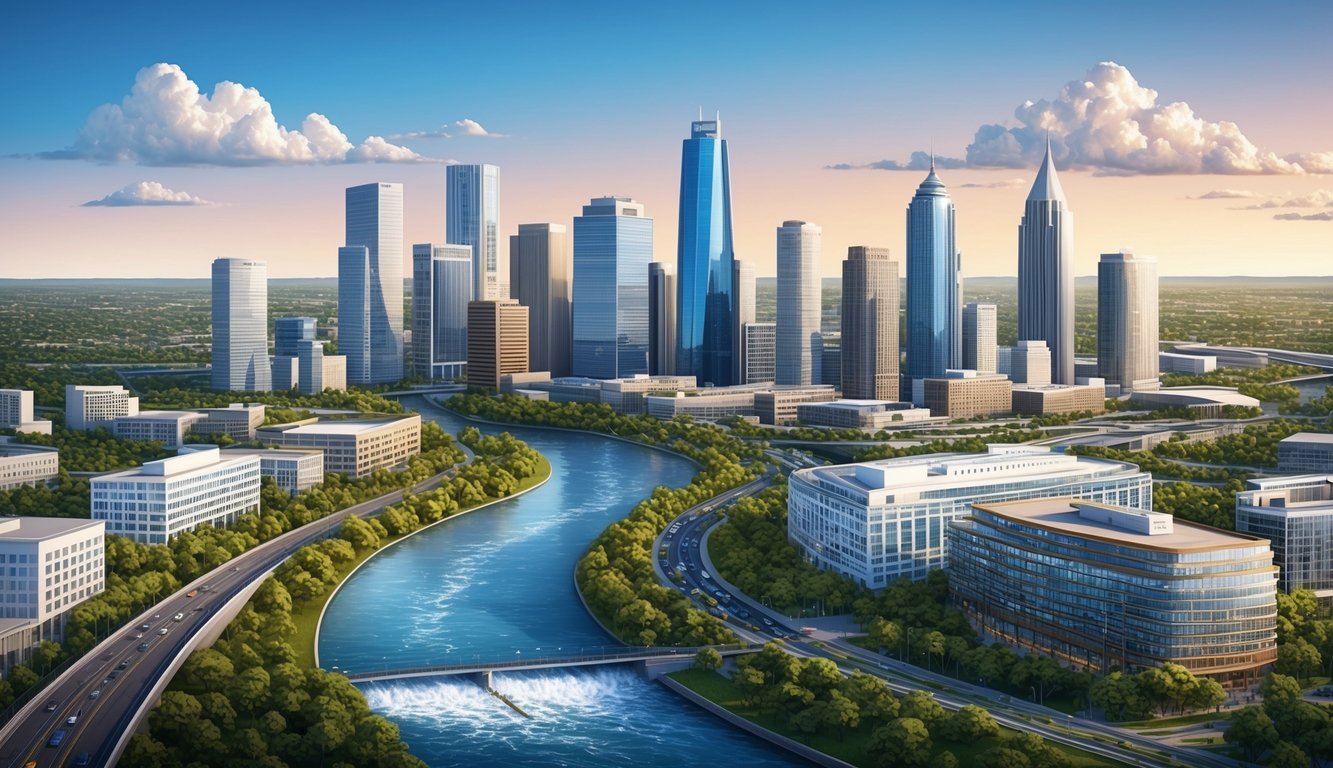 A city skyline with a river flowing through, surrounded by modern buildings and greenery