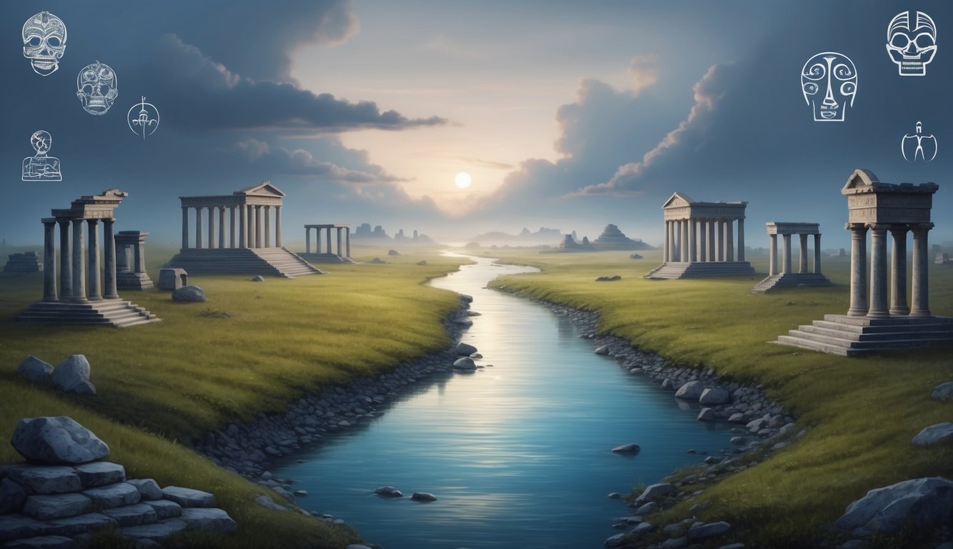 A serene landscape with a river flowing into a misty horizon, surrounded by ancient ruins and symbols of various cultural beliefs on death