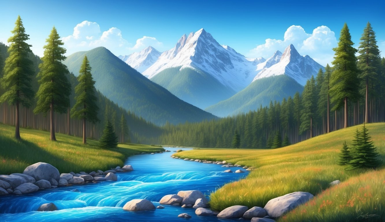 A serene mountain landscape with a flowing river and a peaceful forest, under a clear blue sky