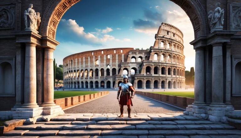 Roman soldier stands before the Colosseum, framed by an archway