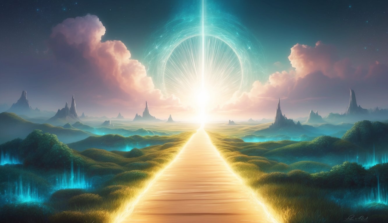 A serene, ethereal landscape with a glowing pathway leading to a radiant, otherworldly realm