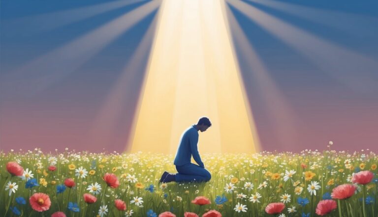 Man kneeling in a field of flowers, bathed in a beam of light